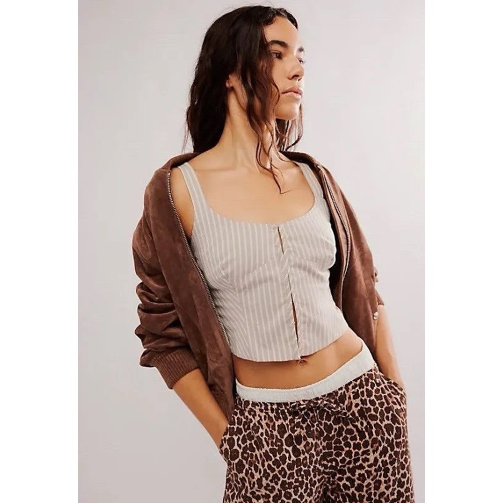 Free People Emily Striped Tank Hook & Eye Closure Striped Gray & Cream NWOT SZ L
